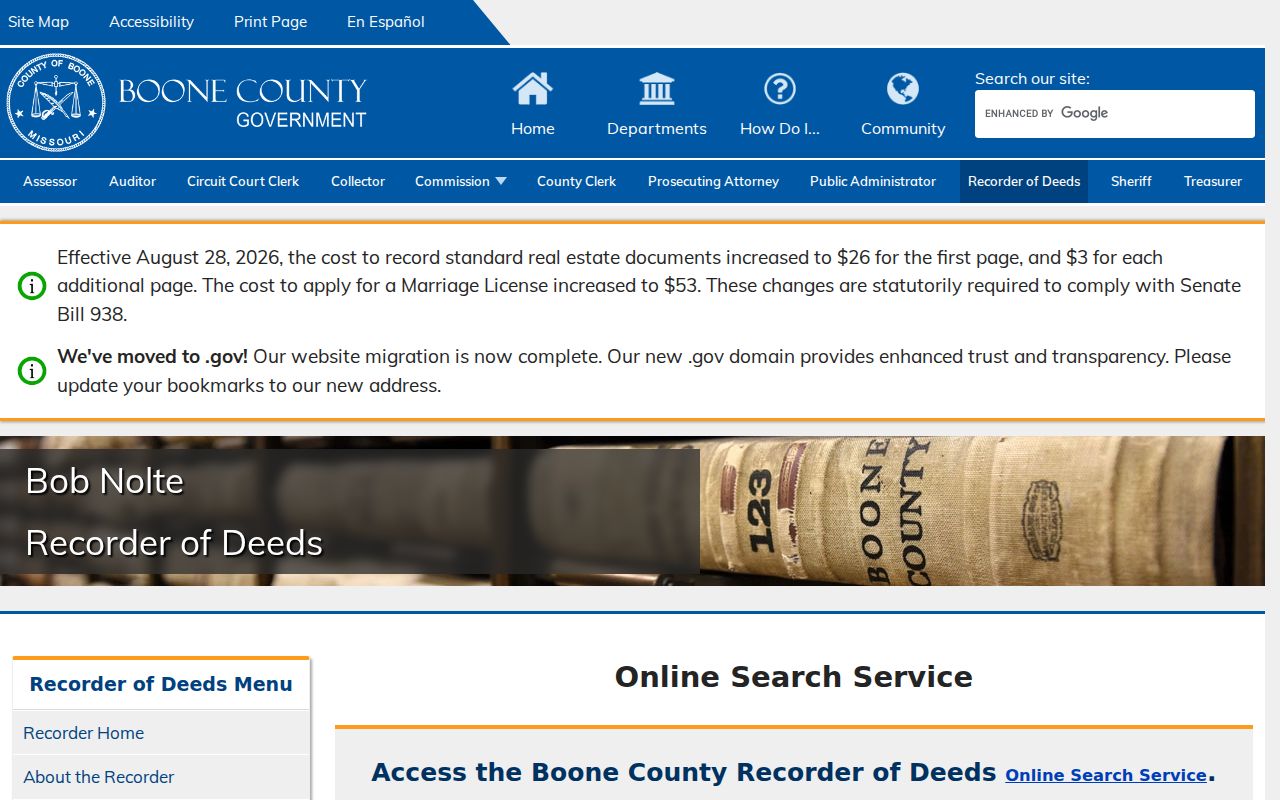 Missouri street directory deed search example from the Boone County Recorder of Deeds