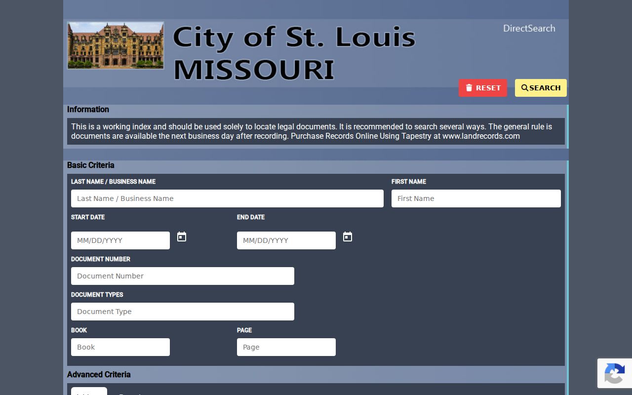 Missouri street directory City Recorder of Deeds index for searching grantors, grantees, and property records