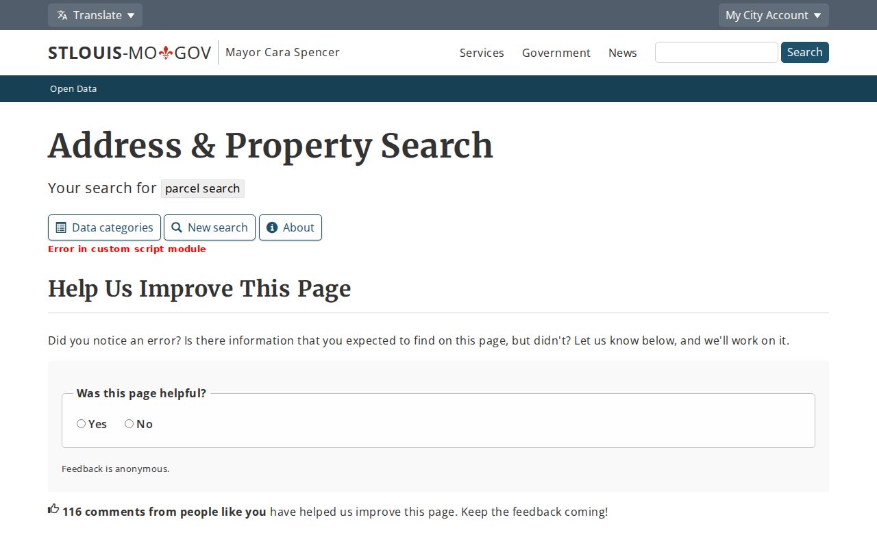 Missouri neighbors parcel search view with map layers for lots, zoning, right-of-way, and historic plats