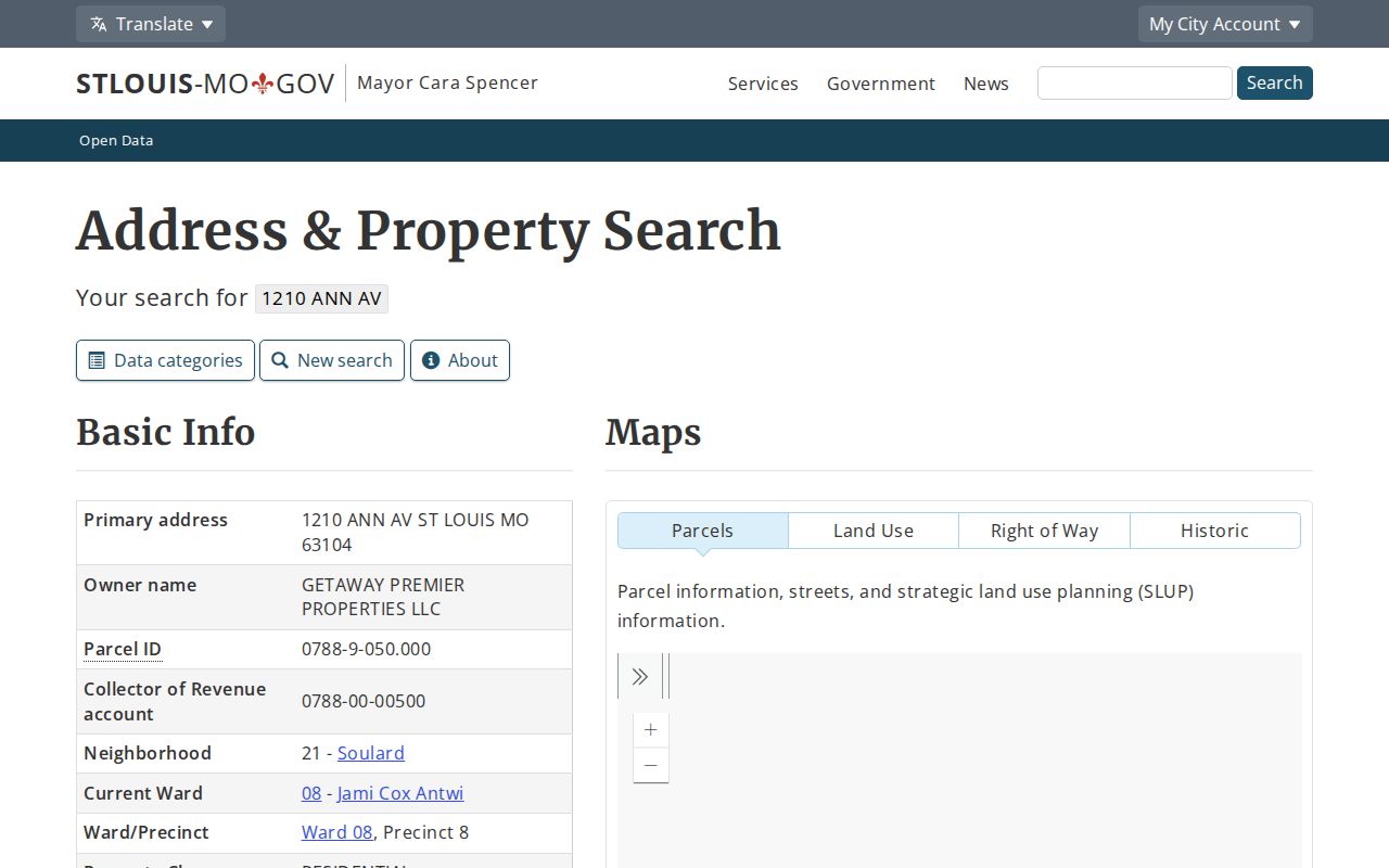Missouri street directory sample parcel output with address, owner mailing address, tax history, and permit links