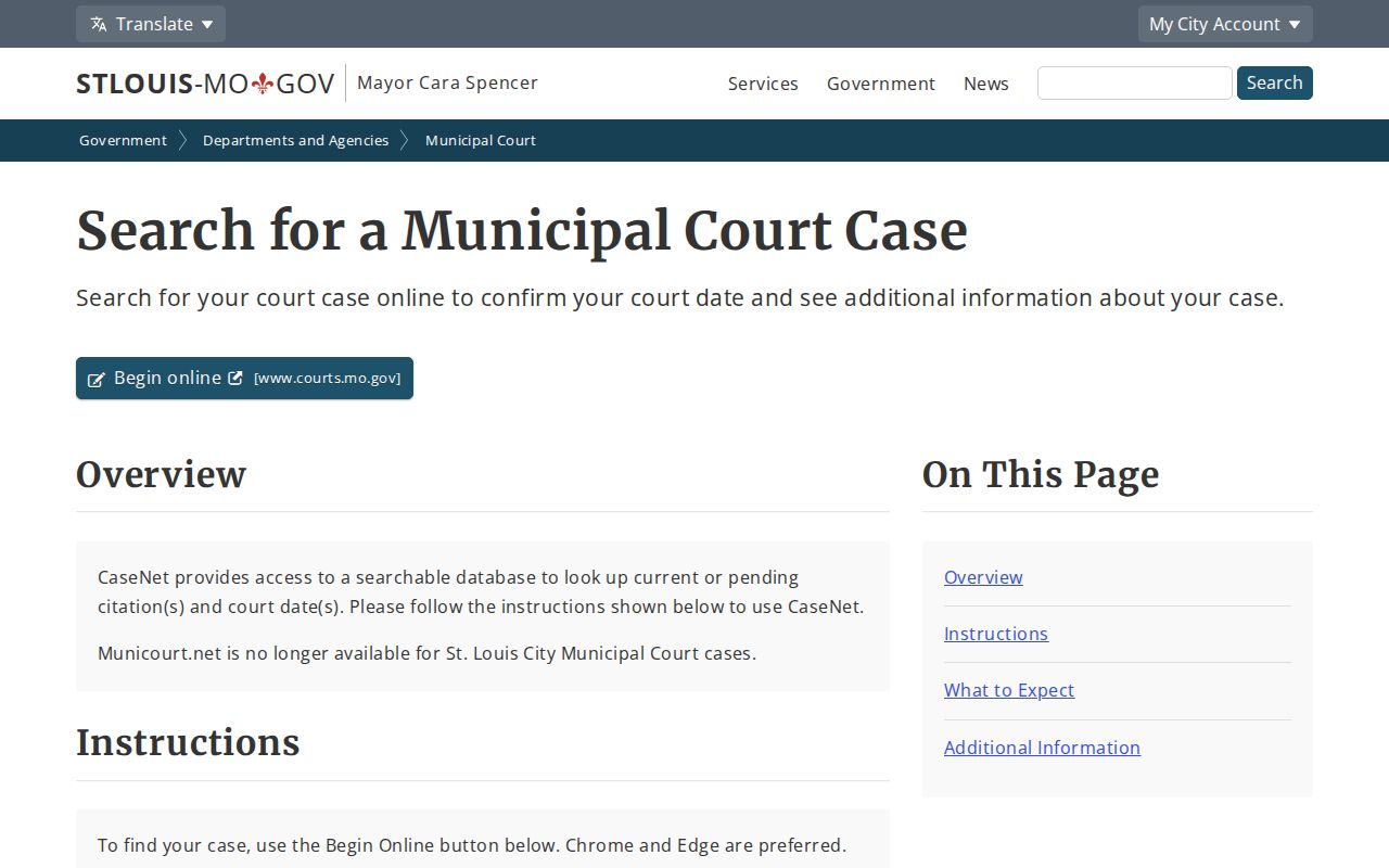 Missouri resident lookup view of St. Louis City court search instructions